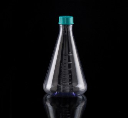 2l polycarbonate erlenmeyer shaker flask with plug cap and flat bottom sterile green caps 